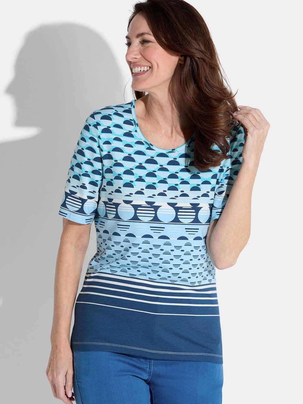 Thumbnail - Goldner Printshirt Damen Viskose blau gemustert, 46