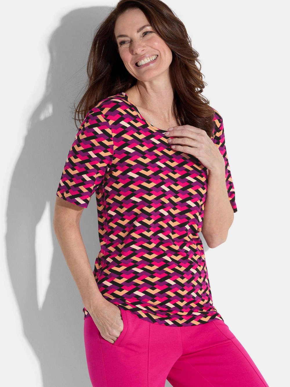 Thumbnail - Goldner Shirt Damen Viskose pink gemustert, 42