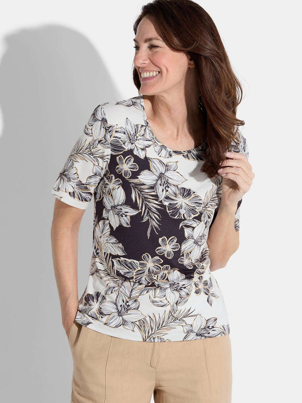 Thumbnail - Goldner Shirt Damen Viskose weiß gemustert, 42