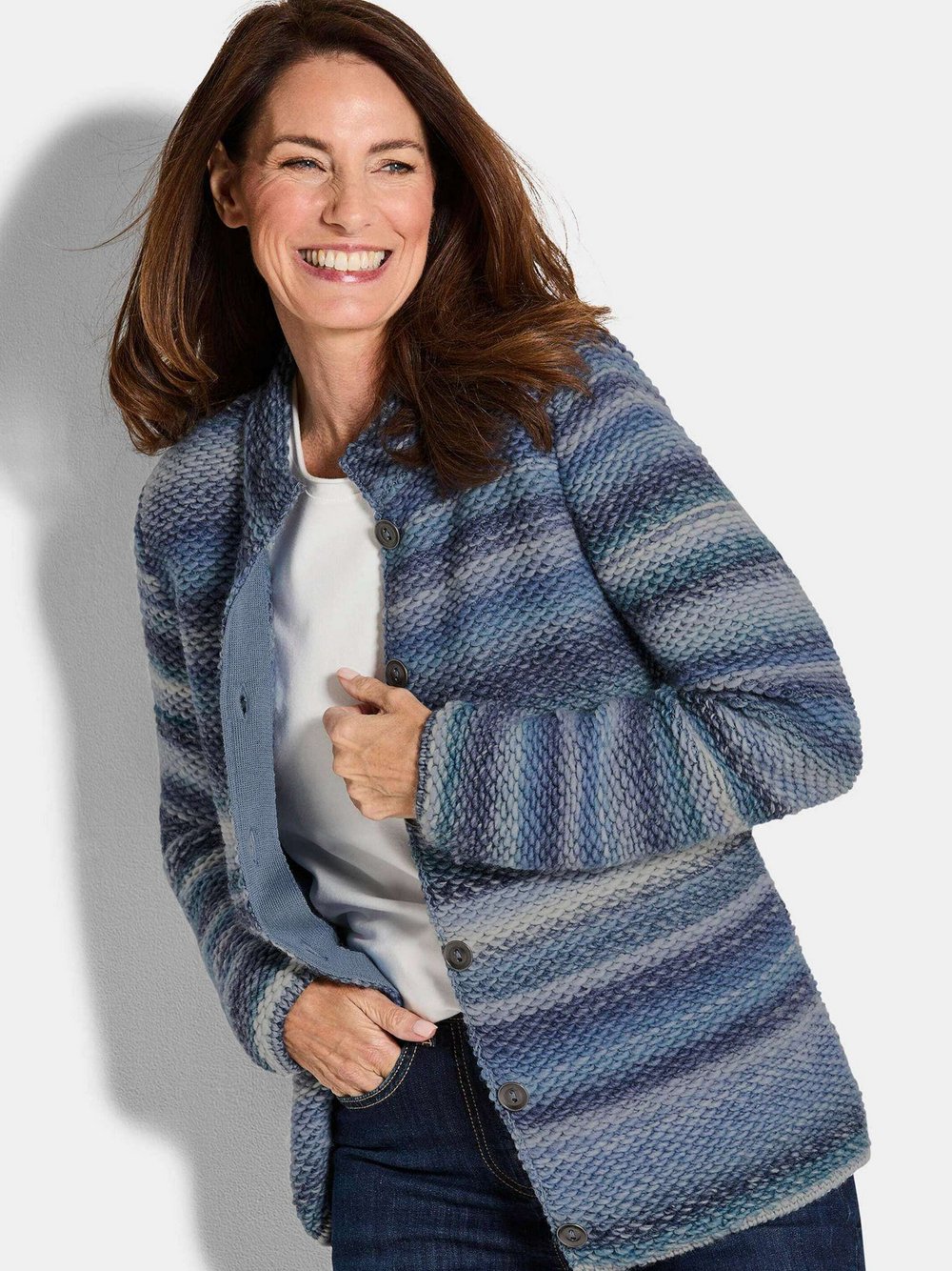 Goldner Strickjacke Damen Schurwolle blau meliert, 40