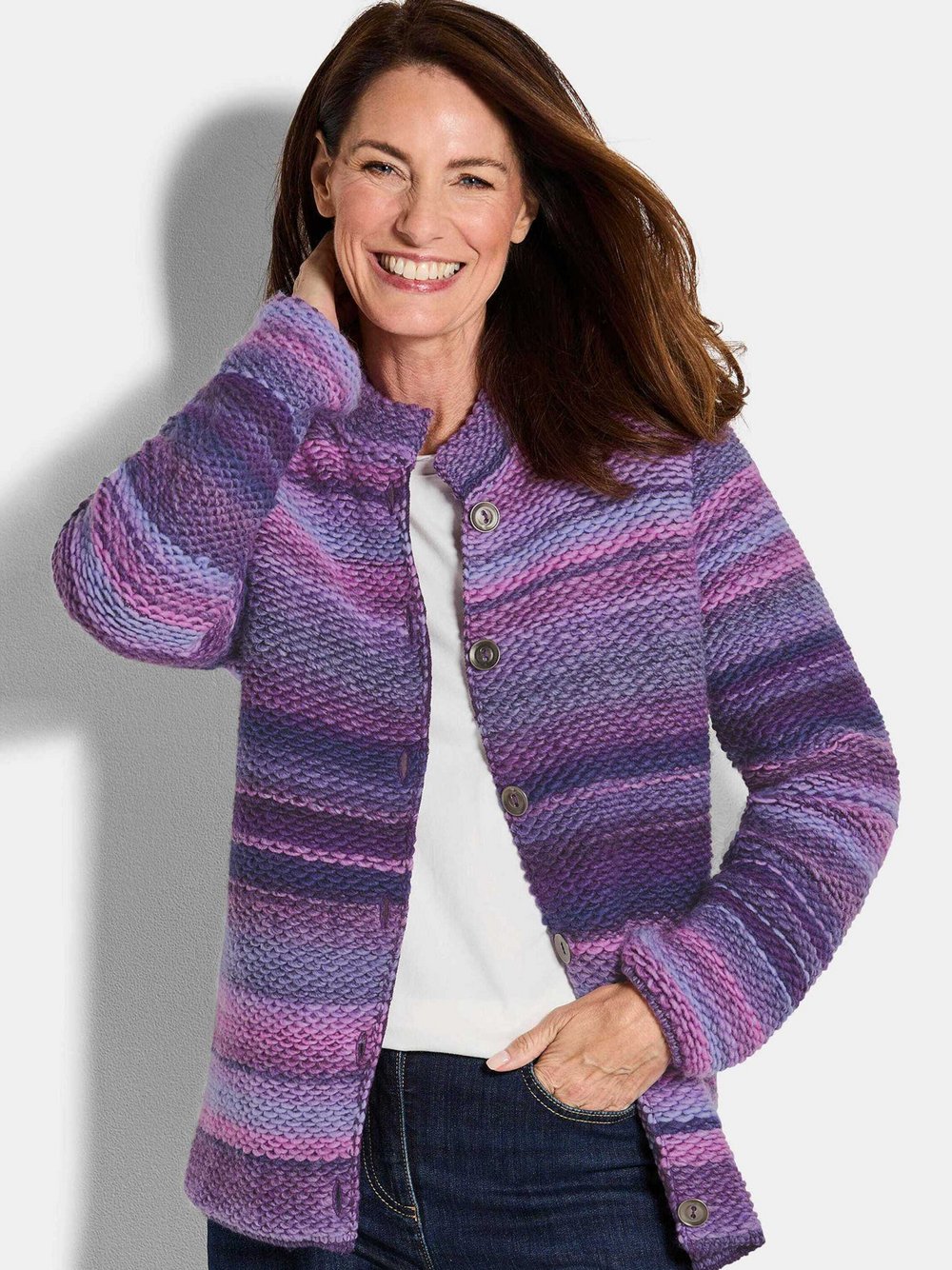 Goldner Strickjacke Damen Schurwolle lila meliert, 44