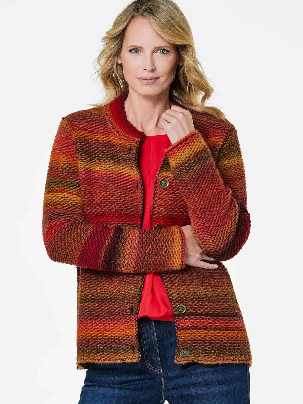 Goldner Strickjacke Damen Schurwolle rot meliert, 42