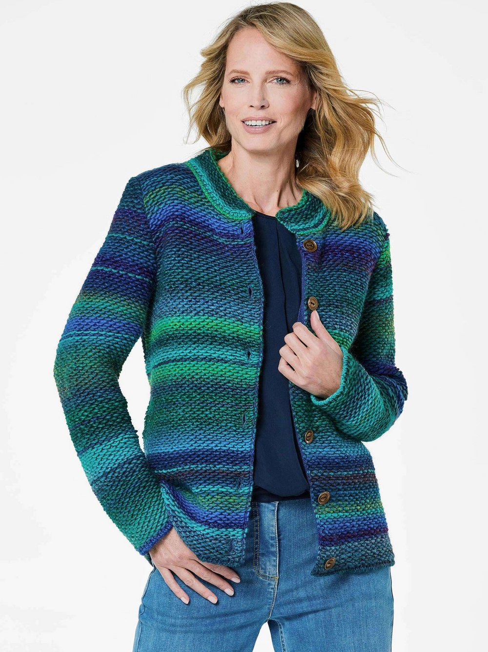 Goldner Strickjacke Damen Schurwolle blau meliert, 46