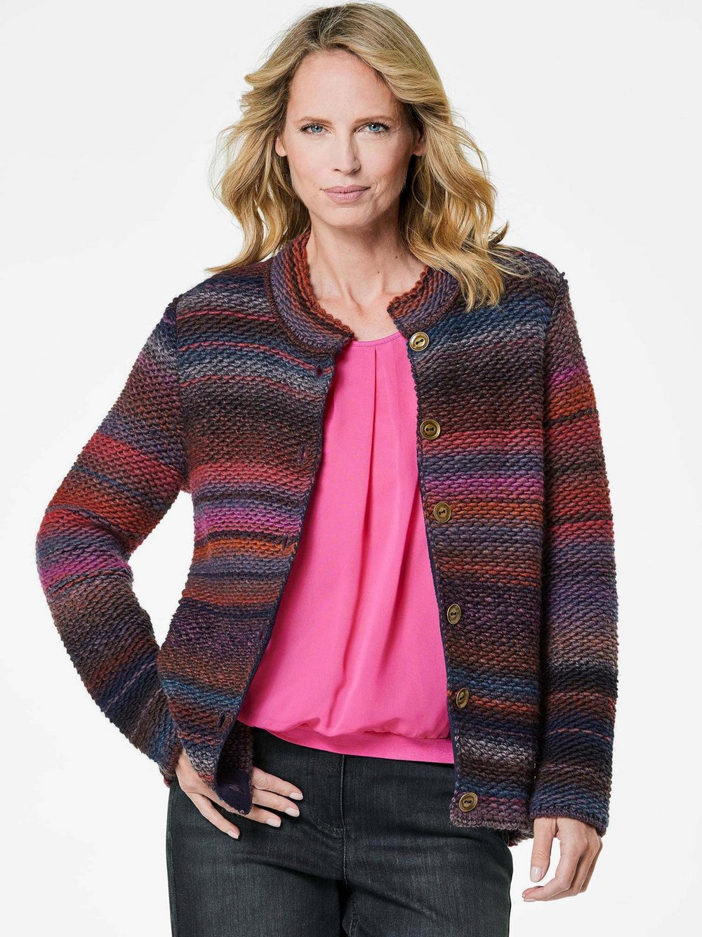 Goldner Strickjacke Damen Schurwolle blau meliert, 46