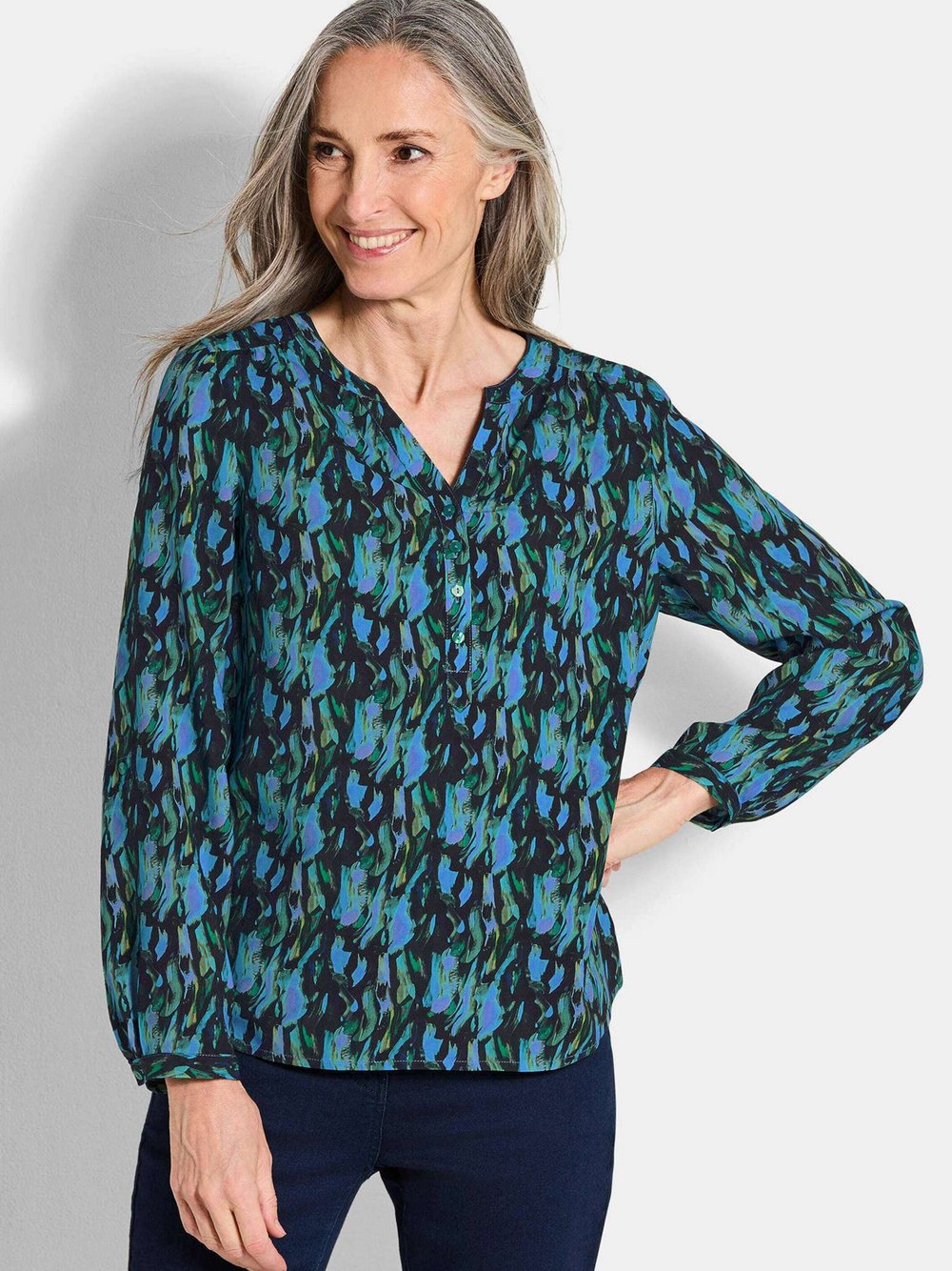 Goldner Blusenshirt Damen Viskose blau gemustert, 52