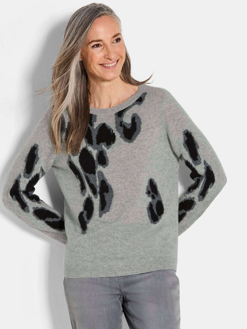 Goldner Kaschmirpullover Damen Cashmere grau gemustert, 46