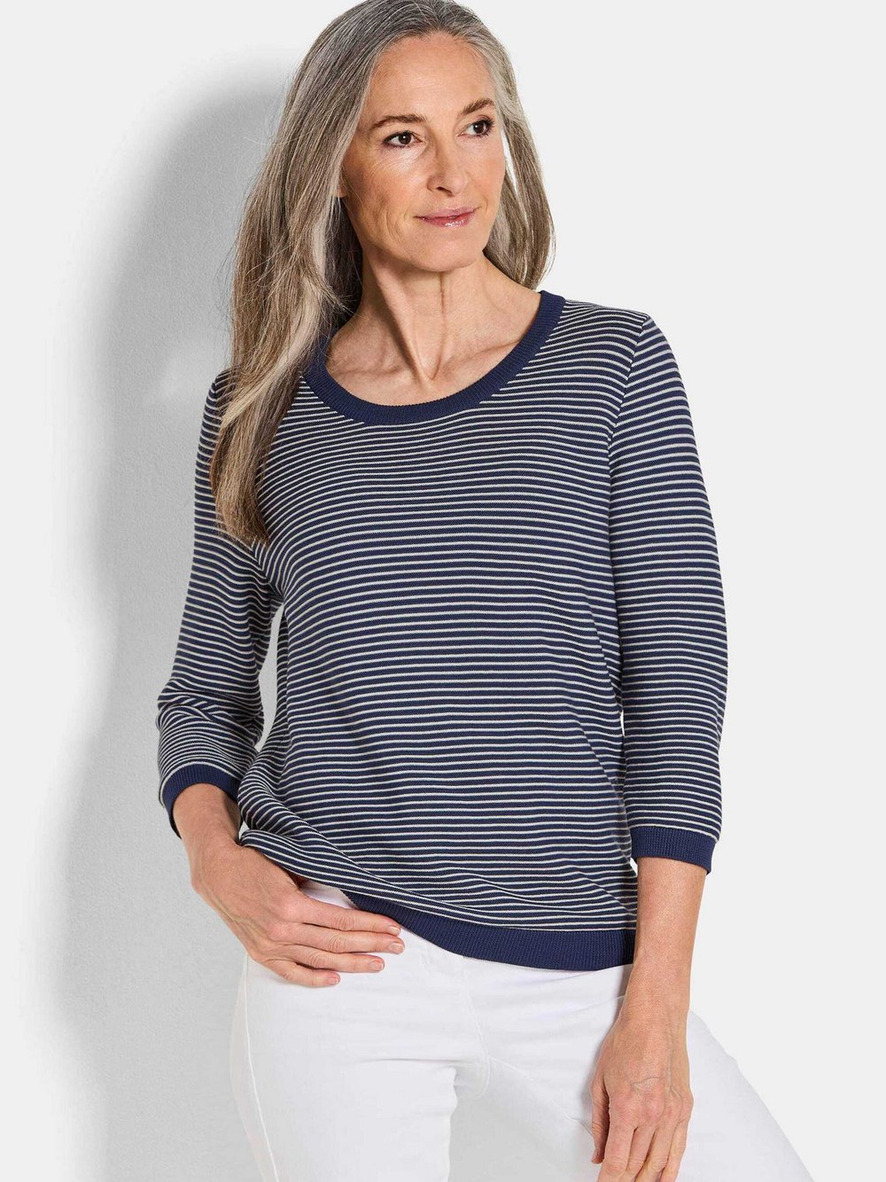 Goldner Strickpullover Damen Baumwolle blau gemustert, 46