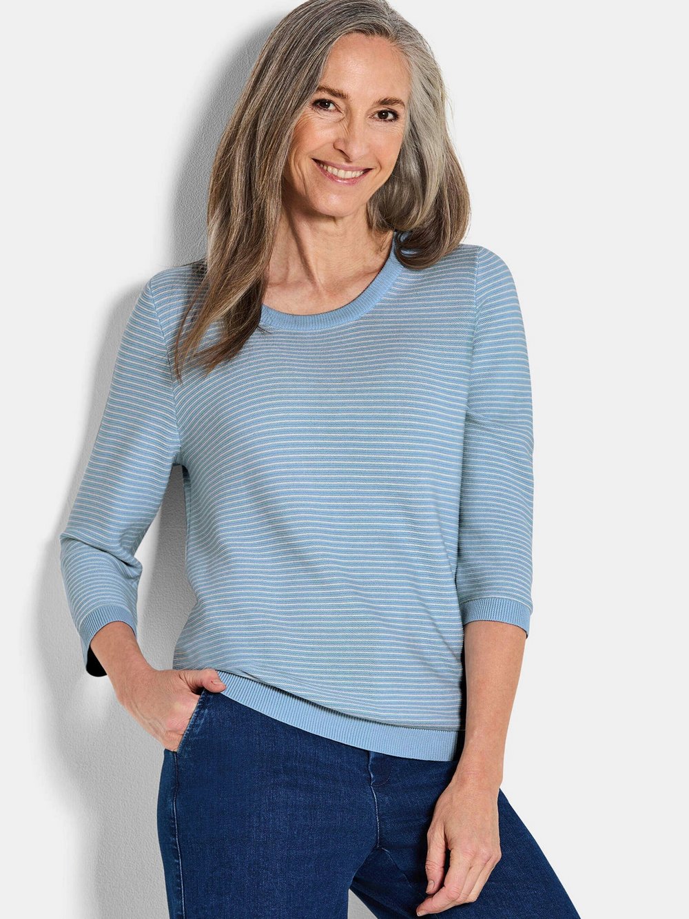 Goldner Strickpullover Damen Baumwolle blau gemustert, 46