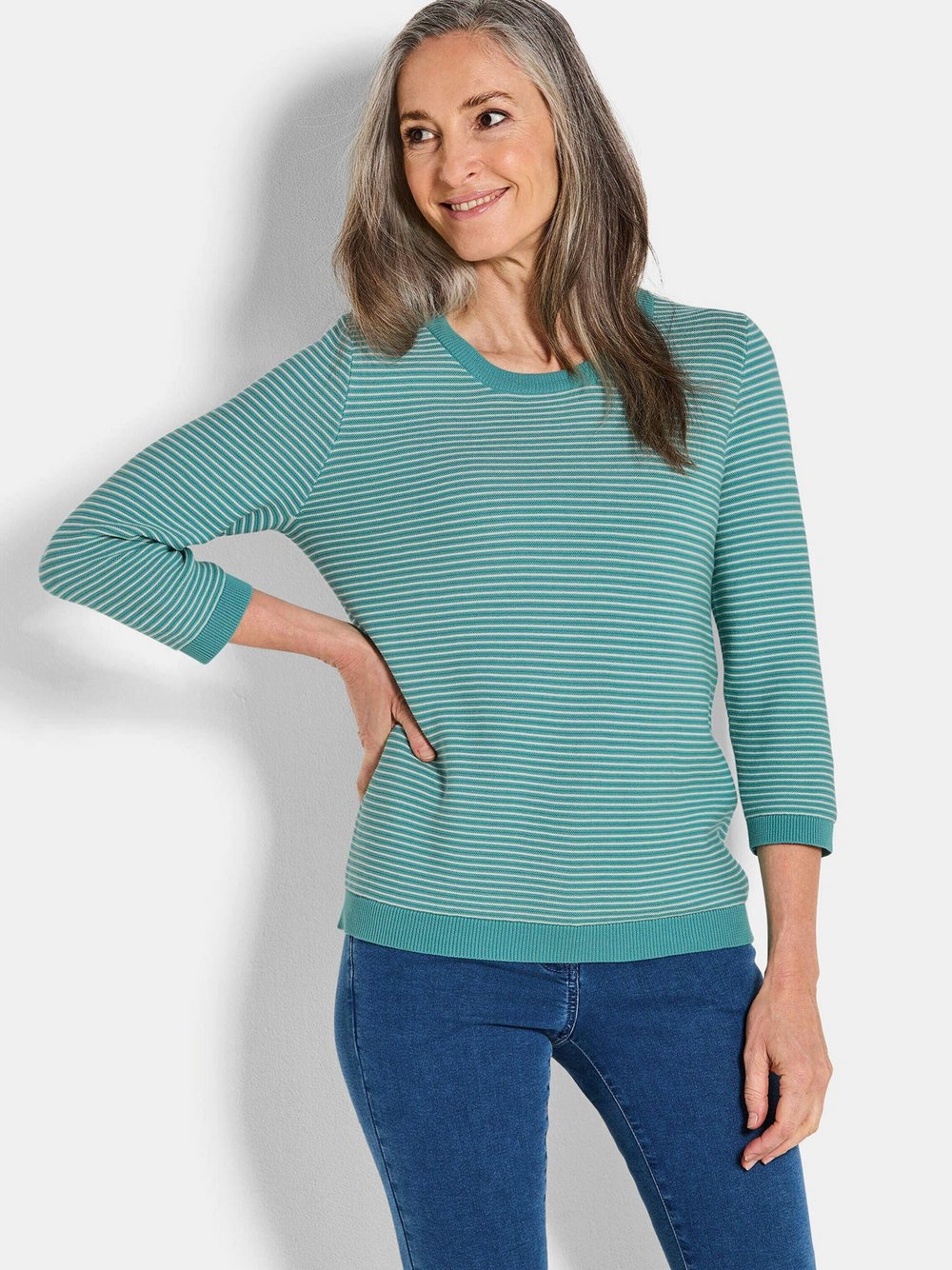 Goldner Strickpullover Damen Baumwolle grün gemustert, 38
