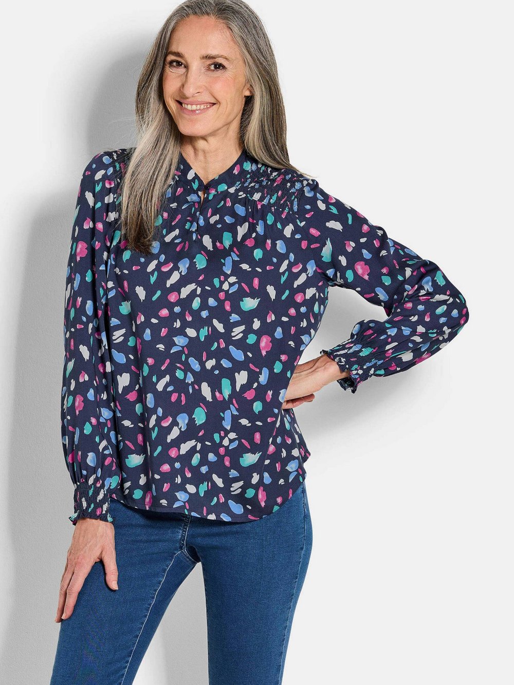Goldner Blusenshirt Damen Viskose blau gemustert, 50