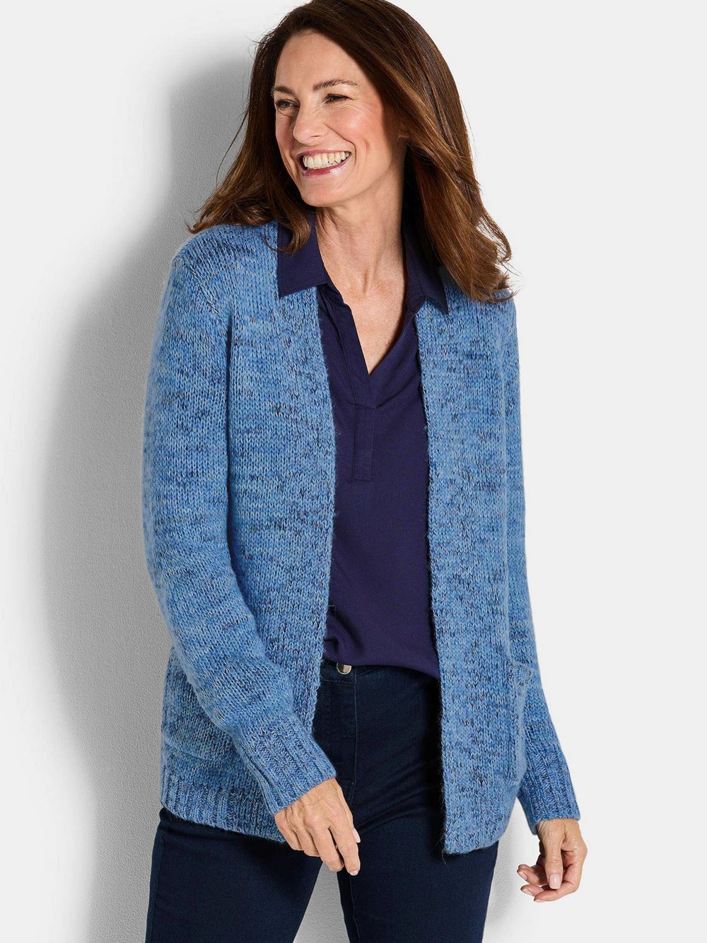 Thumbnail - Goldner Strickjacke Damen blau meliert, 42