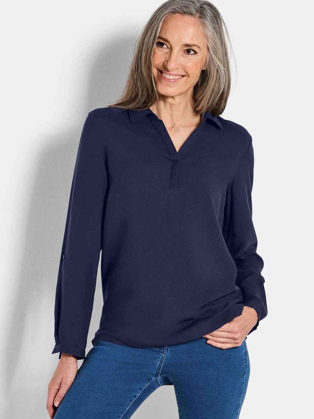 Thumbnail - Goldner Schlupfbluse Damen Viskose blau, 46