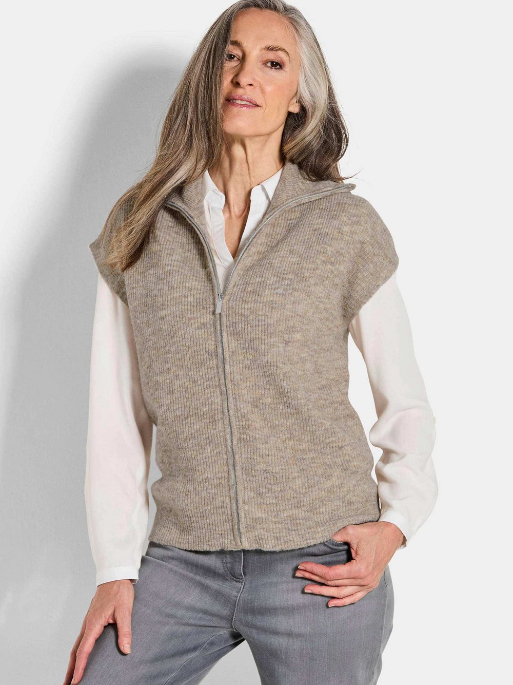 Goldner Strickweste Damen Schurwolle braun meliert, 42