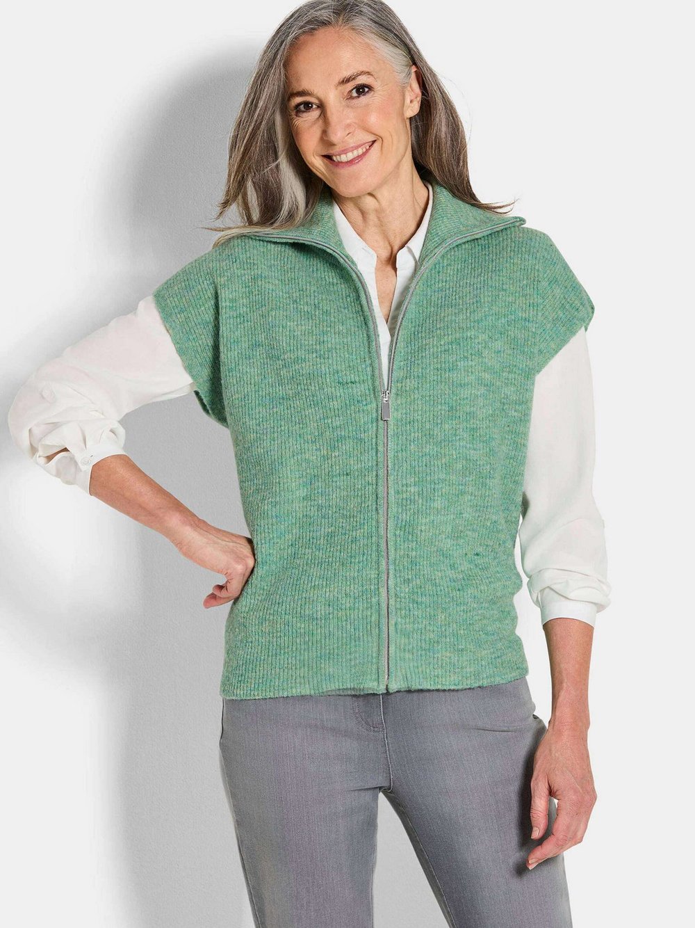 Goldner Strickweste Damen Schurwolle grün meliert, 44