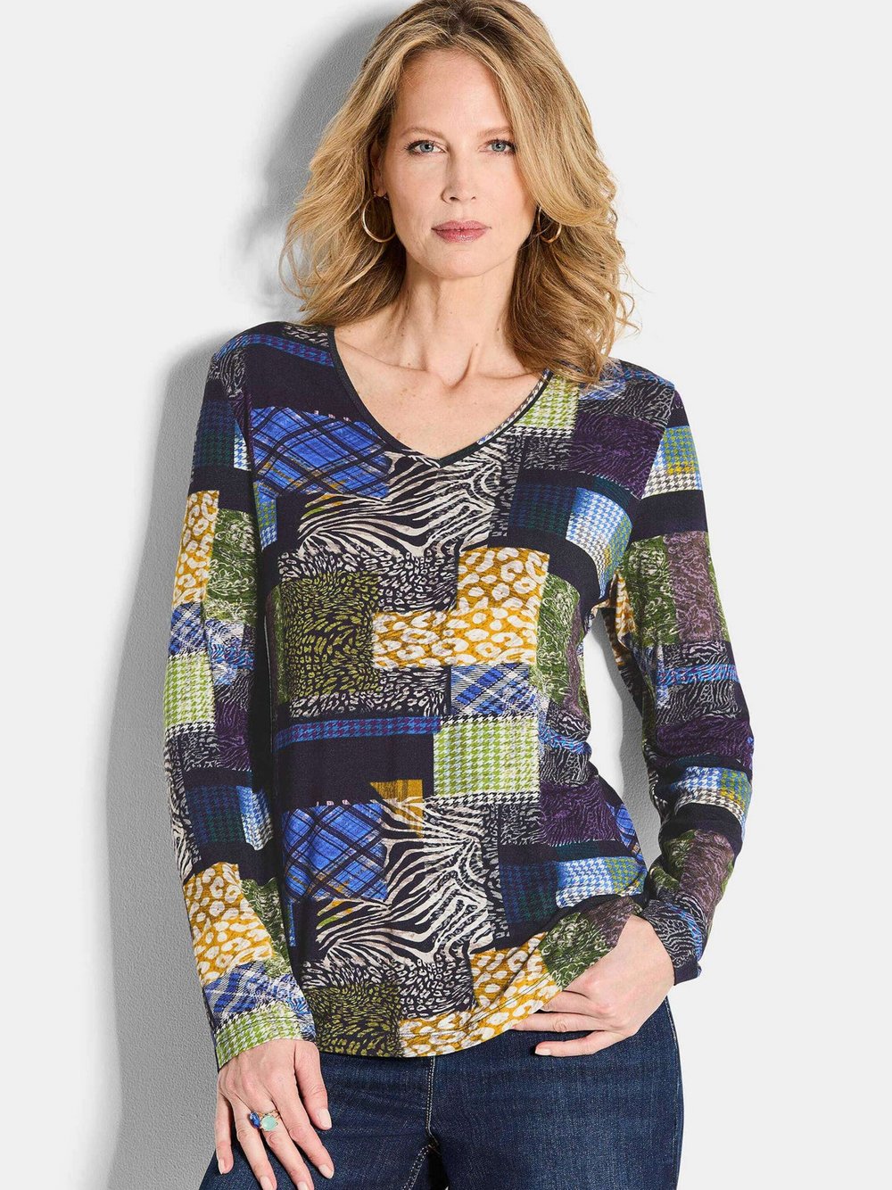 Goldner Printshirt Damen Viskose blau gemustert, 46