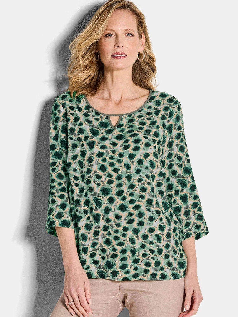 Goldner Blusenshirt Damen Viskose grün gemustert, 38