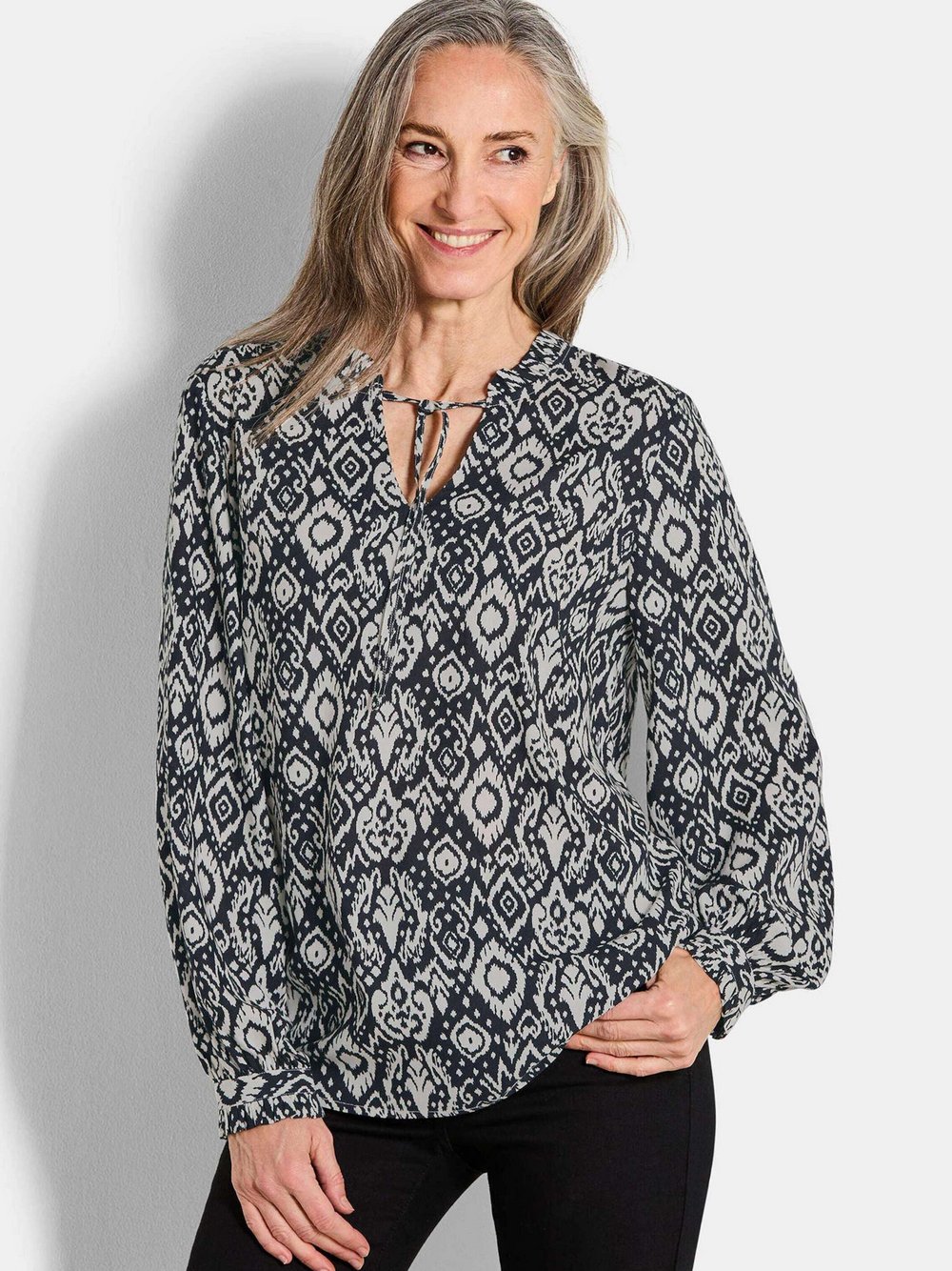 Thumbnail - Goldner Blusenshirt Damen Viskose schwarz gemustert, 44