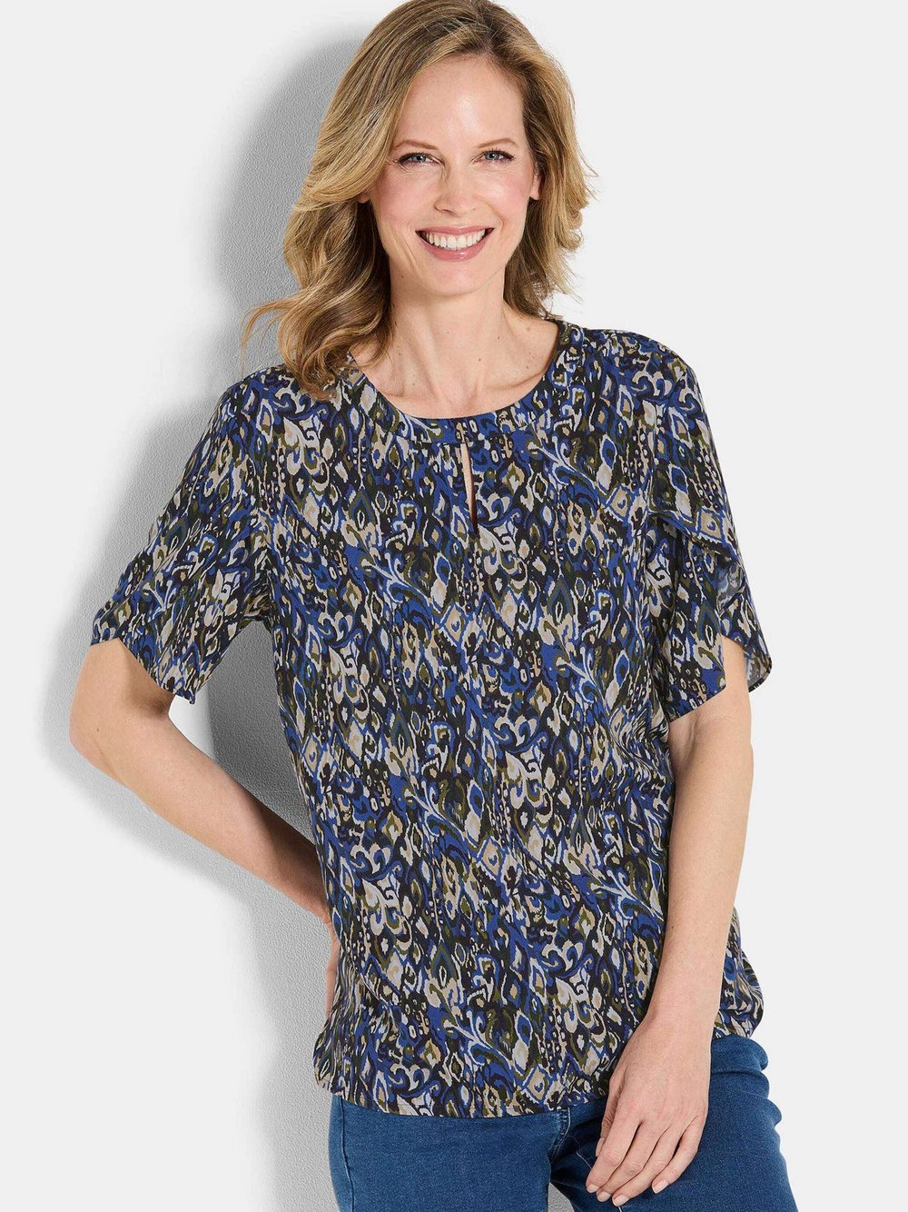 Goldner Kurzgröße: Elegantes Halbarm Blusenshirt, Druck Damen Viskose blau gemustert, 23