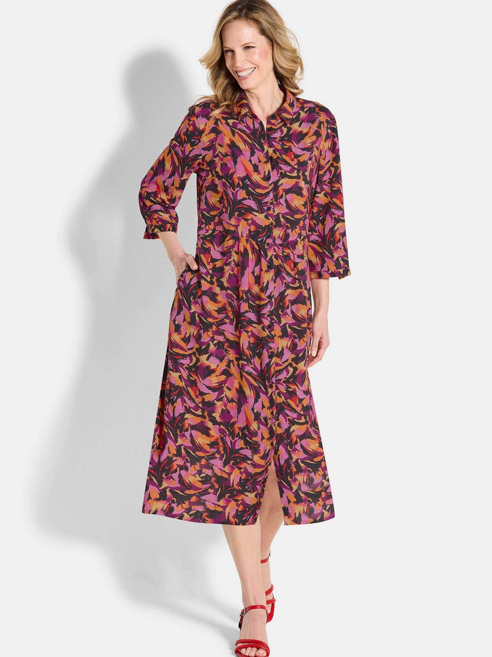 Goldner Hemdblusenkleid Damen Viskose rot gemustert, 54