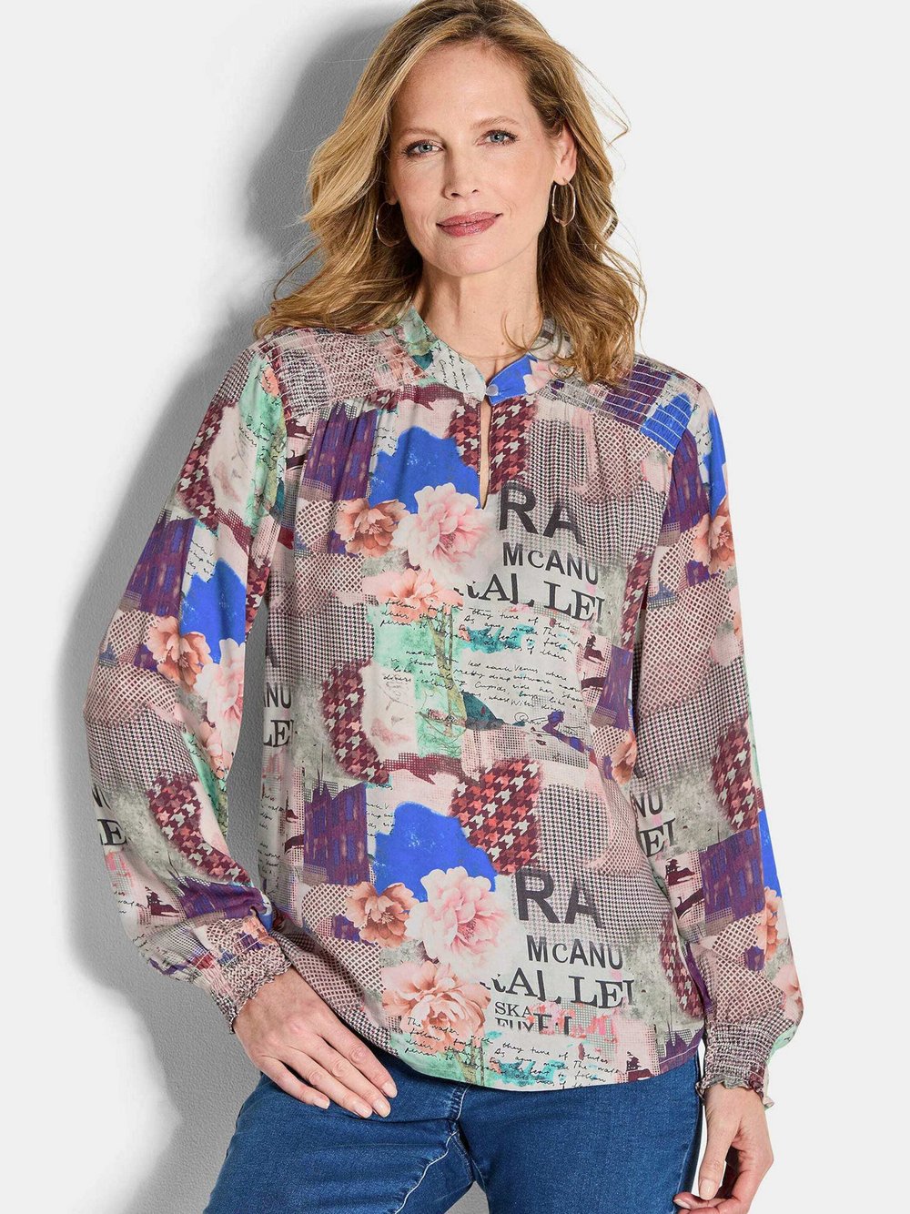 Goldner Kurzgröße: Leichte Printbluse, Patchwork-Muster Damen Viskose braun gemustert, 23
