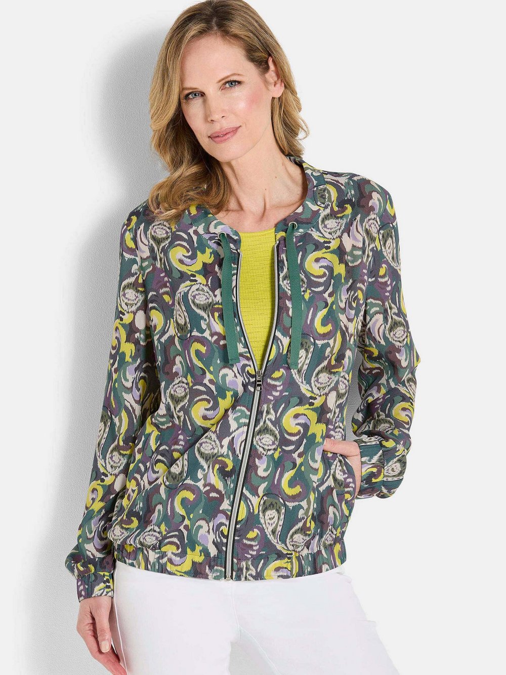 Goldner Blouson Damen Viskose grün gemustert, 46