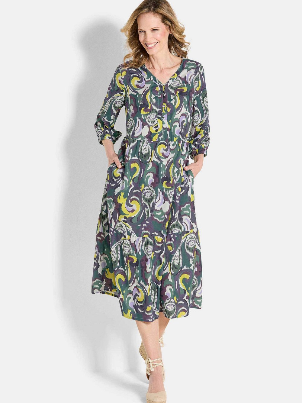 Goldner Druckkleid Damen Viskose grün gemustert, 44