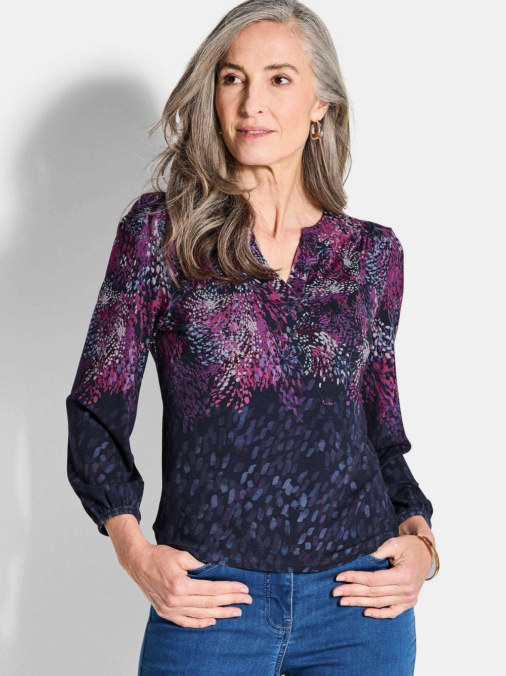 Goldner Blusenshirt Damen Viskose blau gemustert, 46