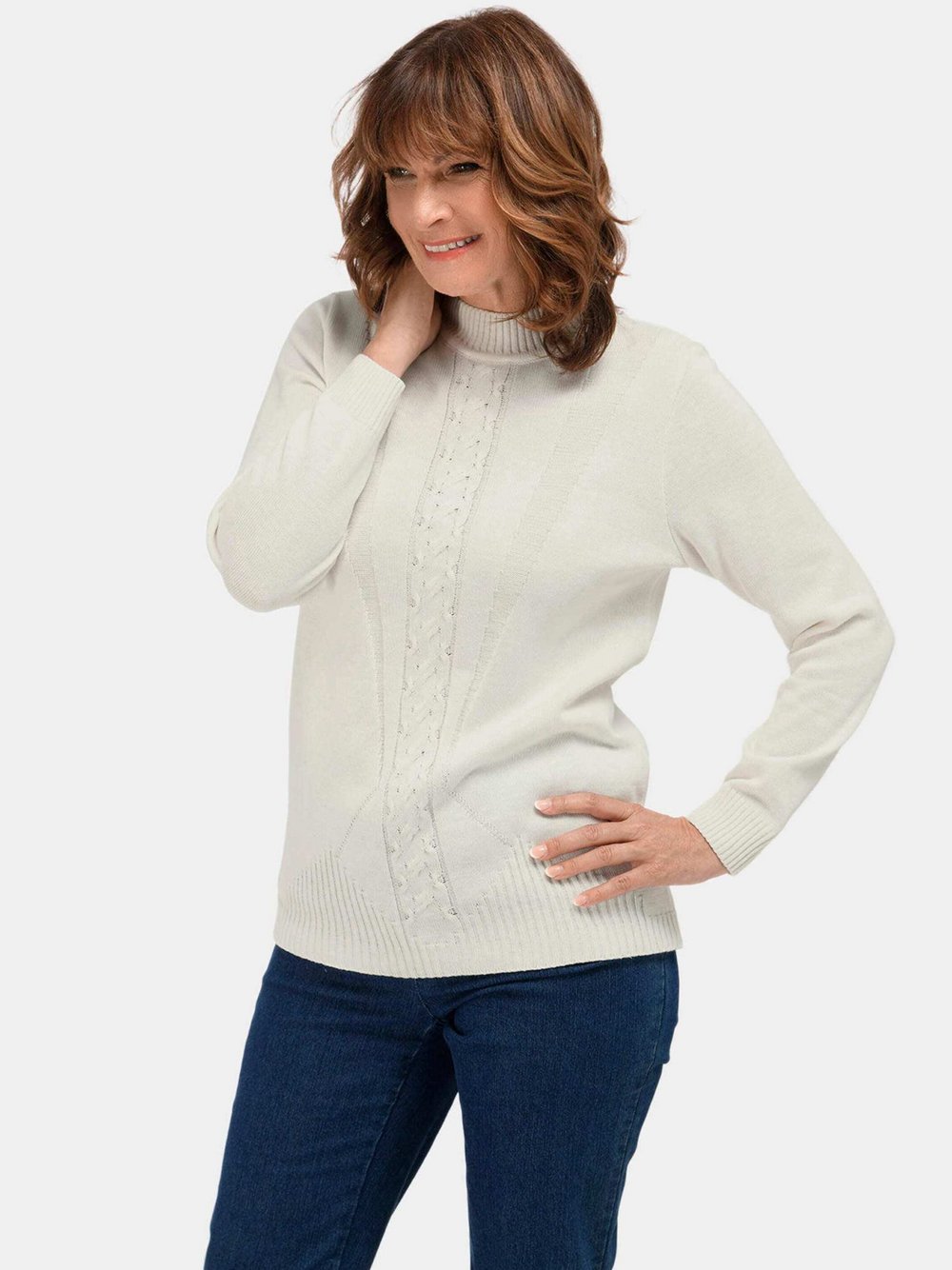 Thumbnail - Goldner Strickpullover Damen Baumwolle weiß, 46
