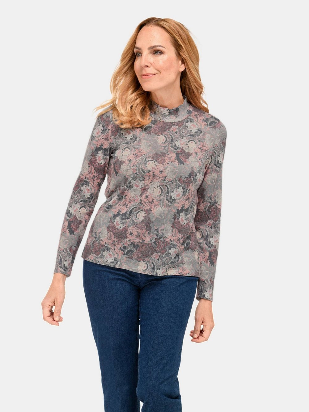 Goldner Feinstrickpullover Damen rosa gemustert, 50