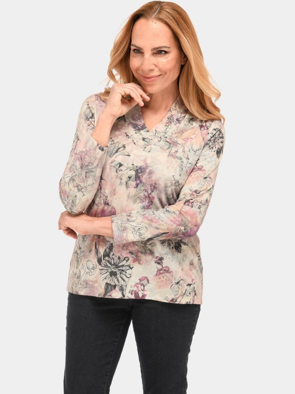 Goldner Kurzgröße: Florales Blusenshirt mit V-Ausschnitt Damen lila gemustert, 21