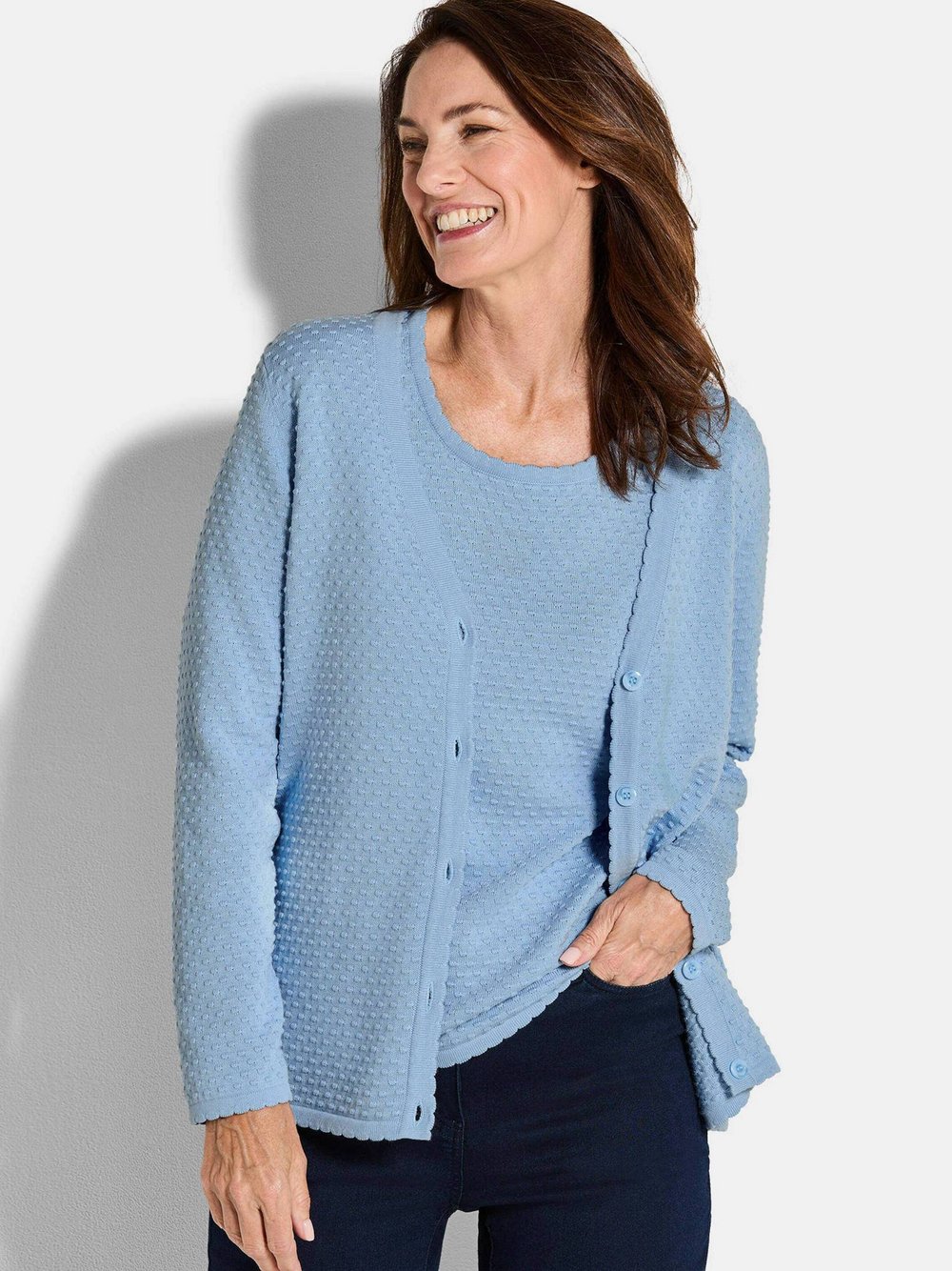 Goldner Kurzgröße: Baumwoll-Feinstrickjacke, Langarm Damen Baumwolle blau, 21