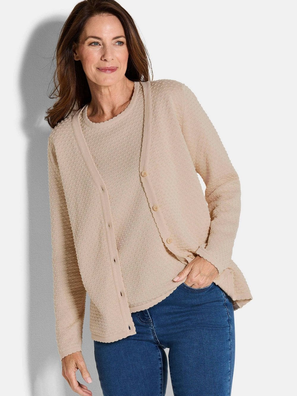 Goldner Kurzgröße: Baumwoll-Feinstrickjacke, Langarm Damen Baumwolle braun, 20