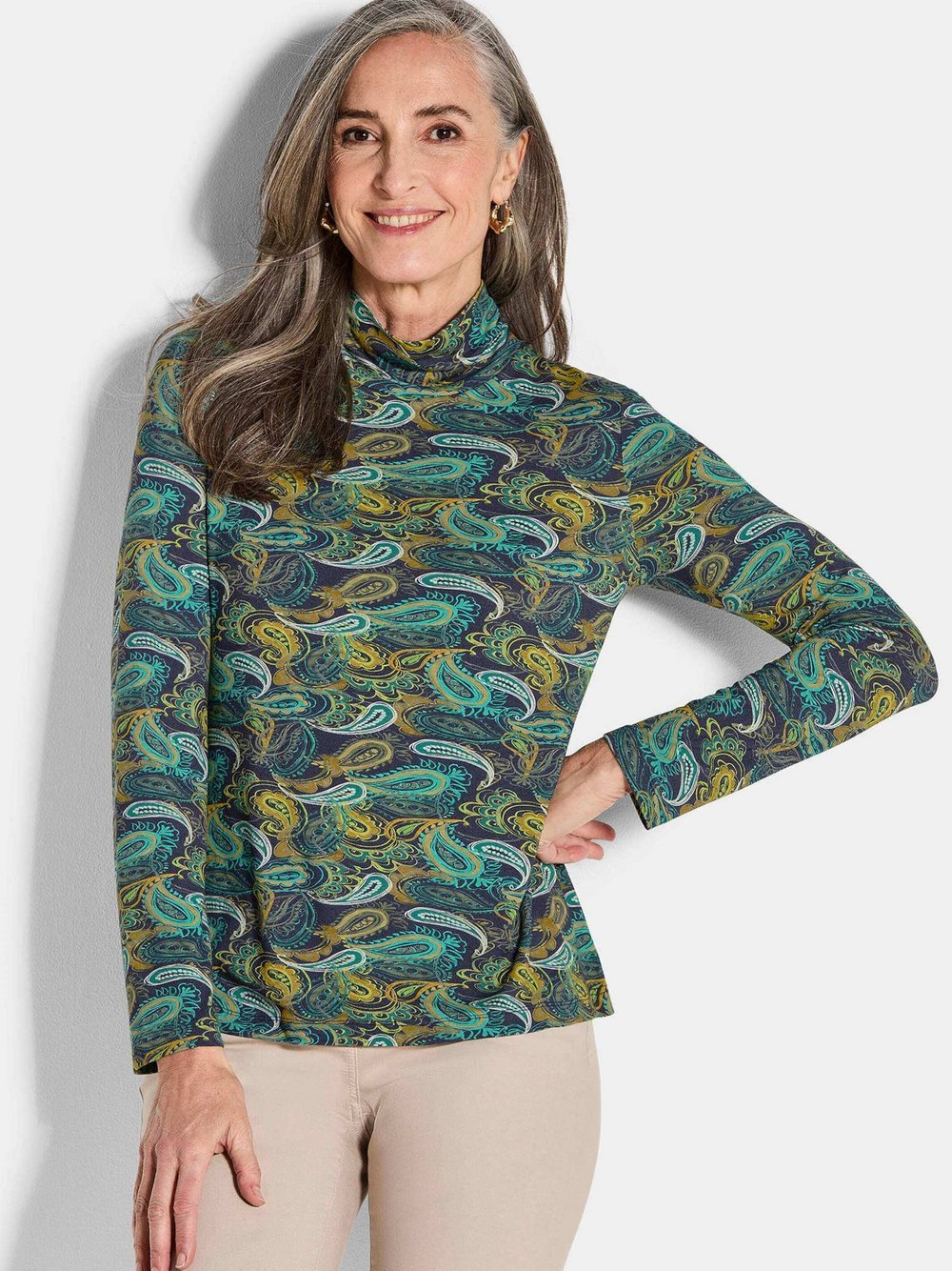 Goldner Druckshirt Damen Viskose grün gemustert, 40