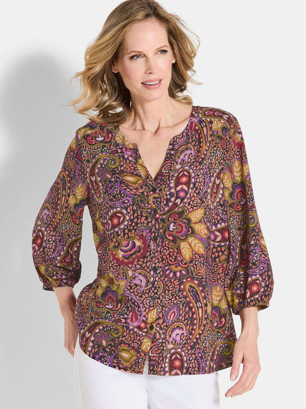 Goldner Blusenshirt Damen Viskose lila gemustert, 46