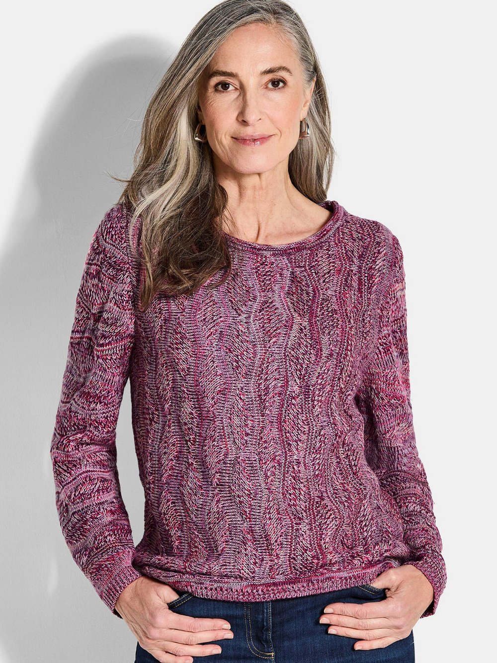 Goldner Kurzgröße: Langarmoberteil im Strukturstrick Damen pink meliert, 21