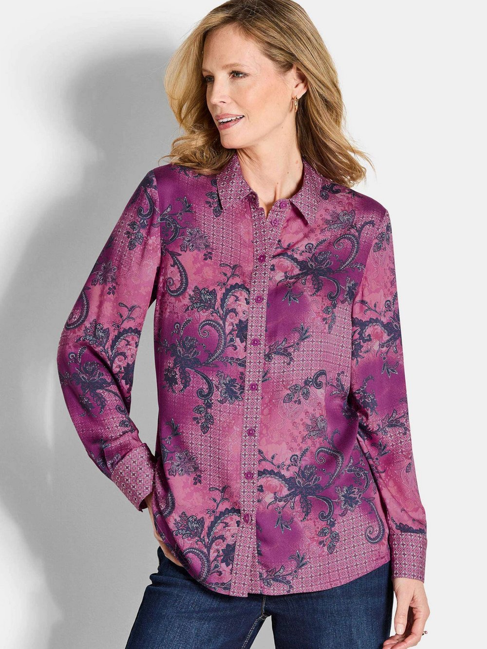 Goldner Blusenshirt Damen Viskose lila gemustert, 44