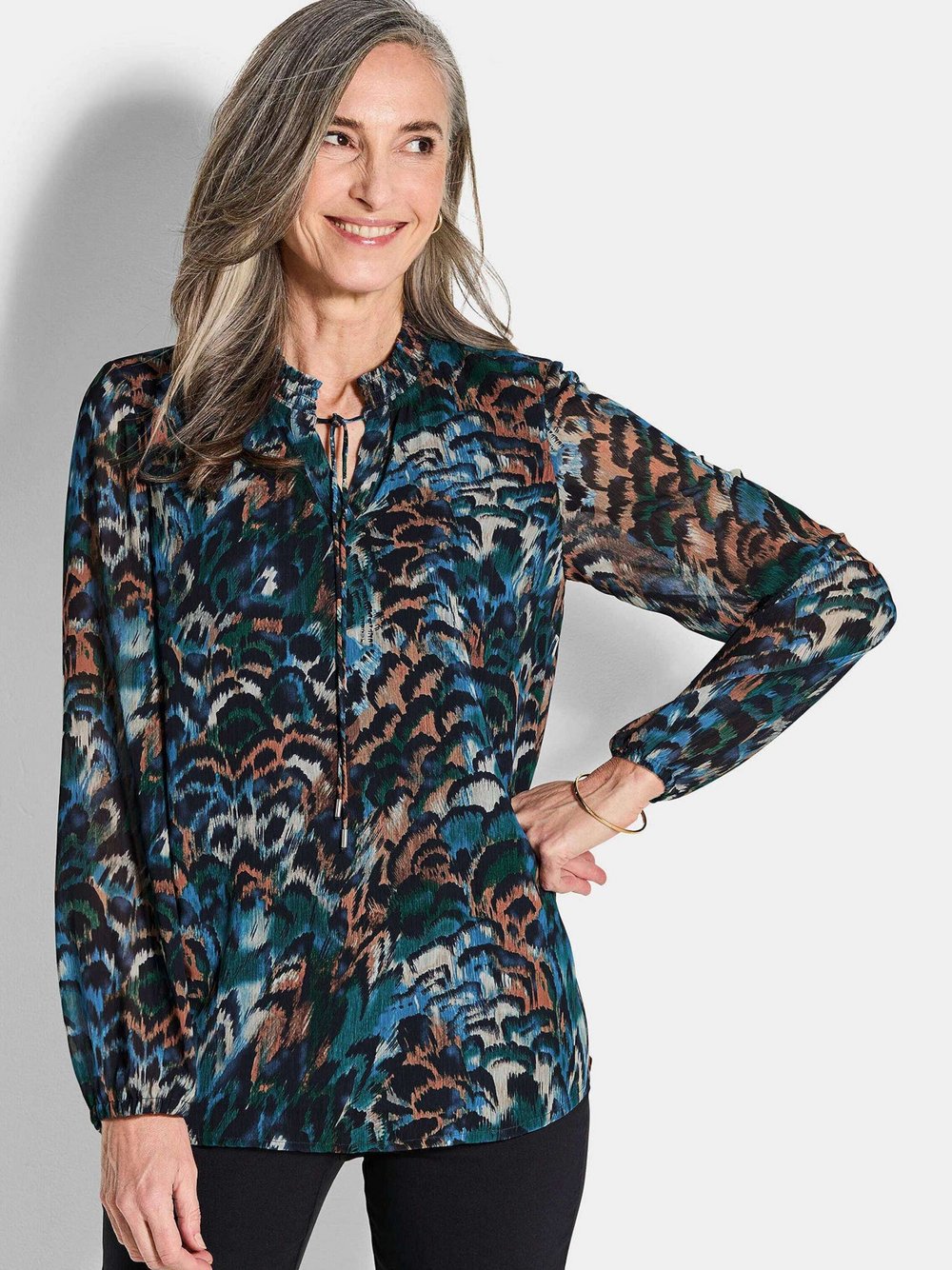 Goldner Chiffonbluse Damen blau gemustert, 44