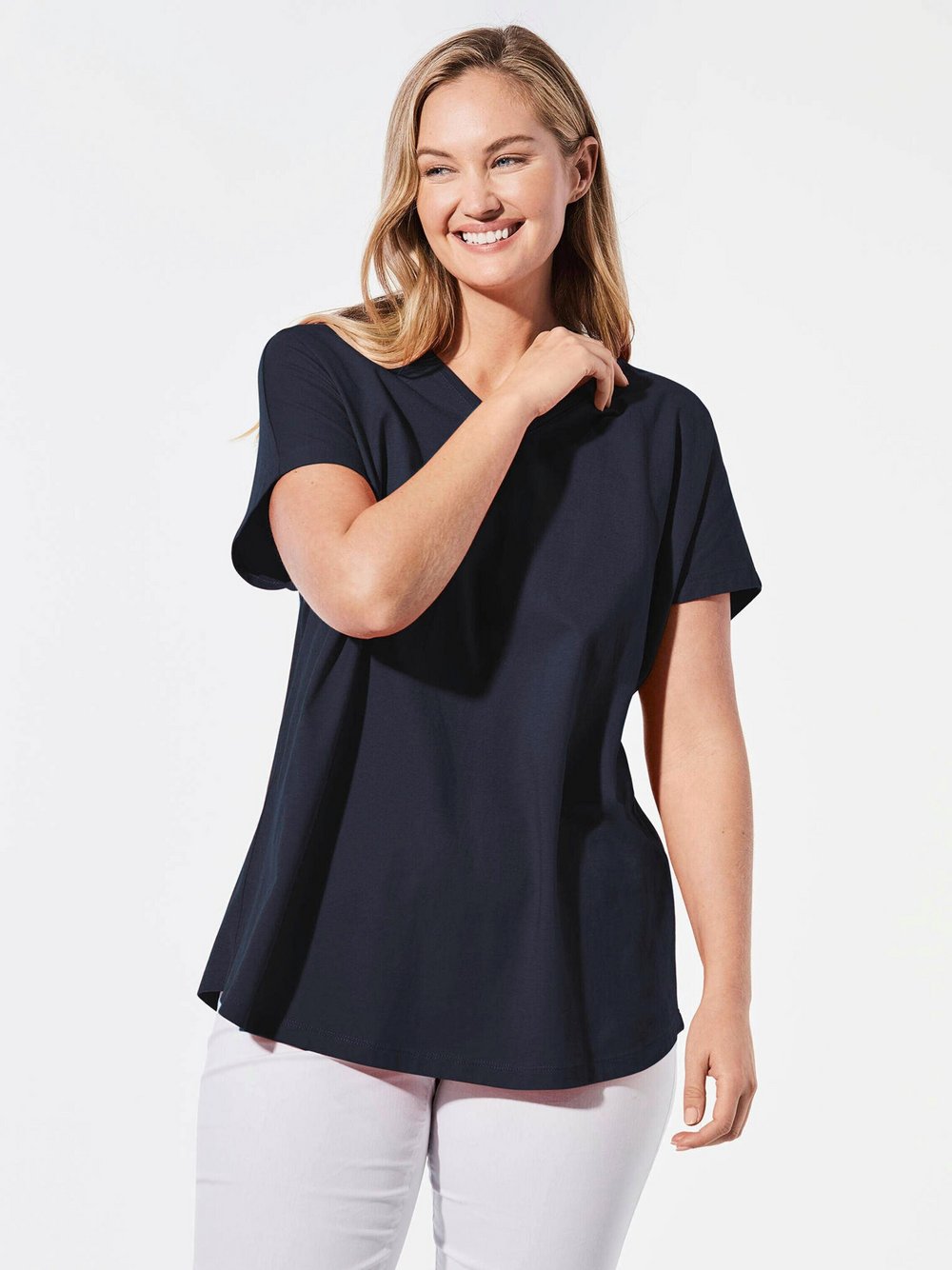 Goldner Shirt mit V-Ausschnitt Damen Baumwolle blau, 58