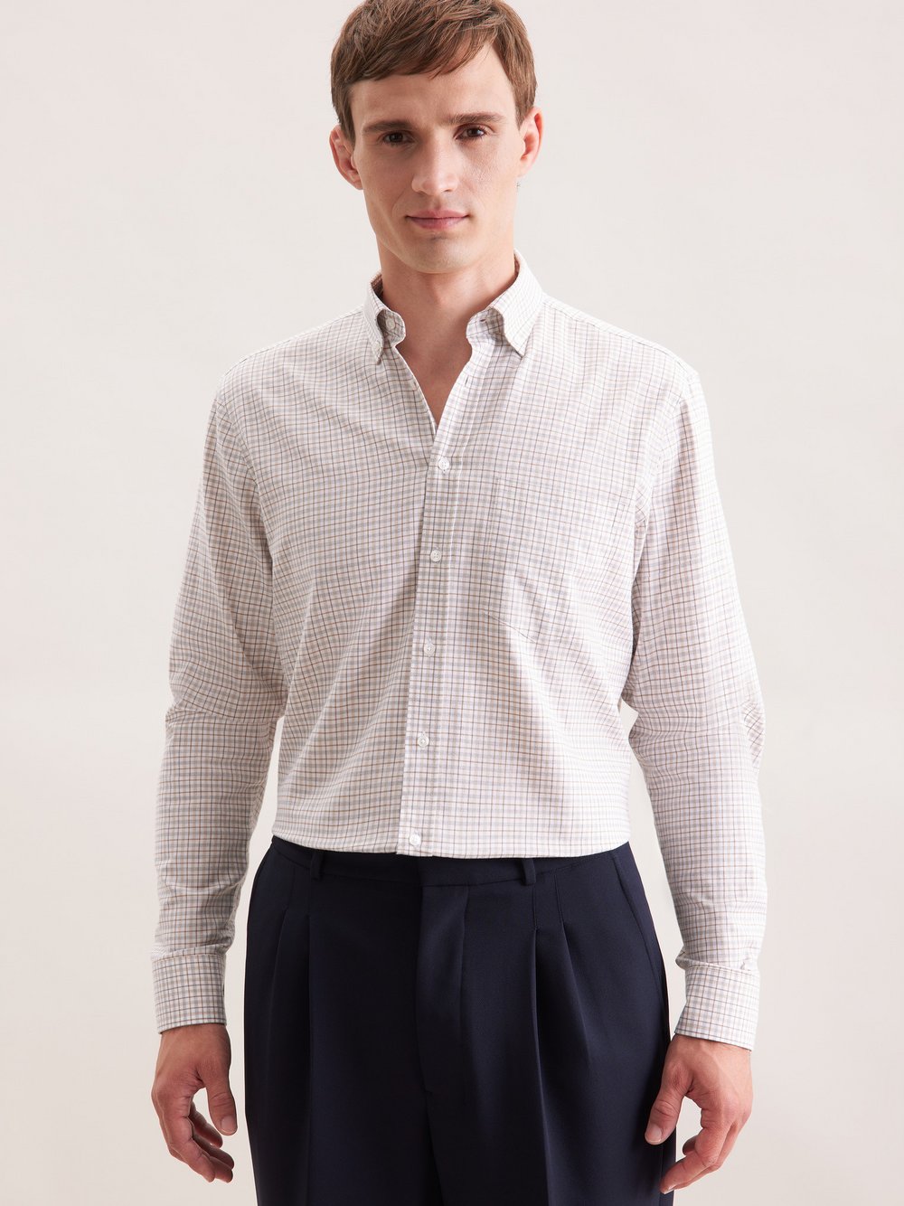 Seidensticker Flanellhemd Herren Regular Fit Baumwolle beige kariert, 46