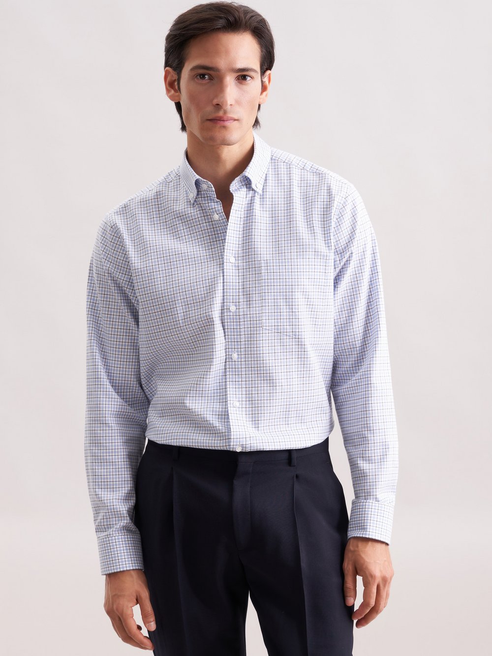 Thumbnail - Seidensticker Flanellhemd Herren Regular Fit Baumwolle blau kariert, 41