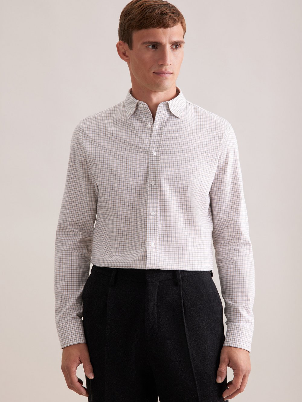 Seidensticker Flanellhemd Herren Slim Fit Baumwolle beige kariert, 40