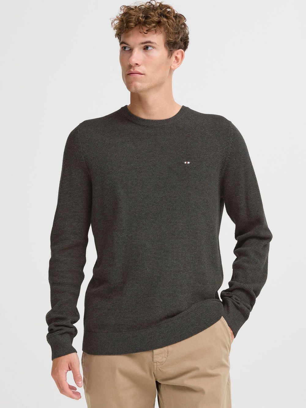 FQ1924 Strickpullover Herren Baumwolle grau strukturiert, S
