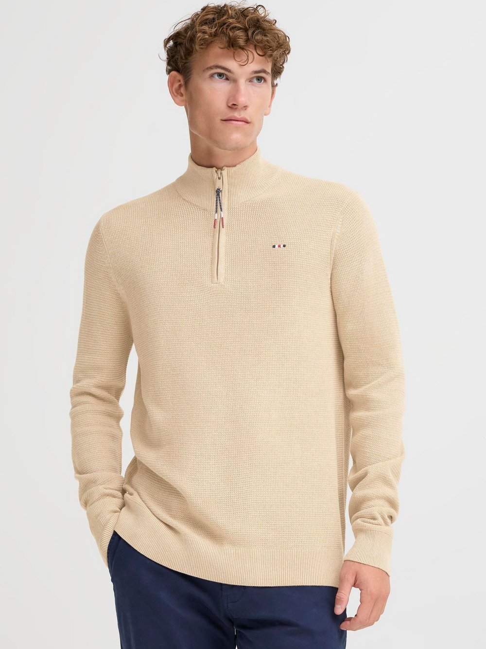 FQ1924 Troyer Herren Baumwolle beige strukturiert, 4XL
