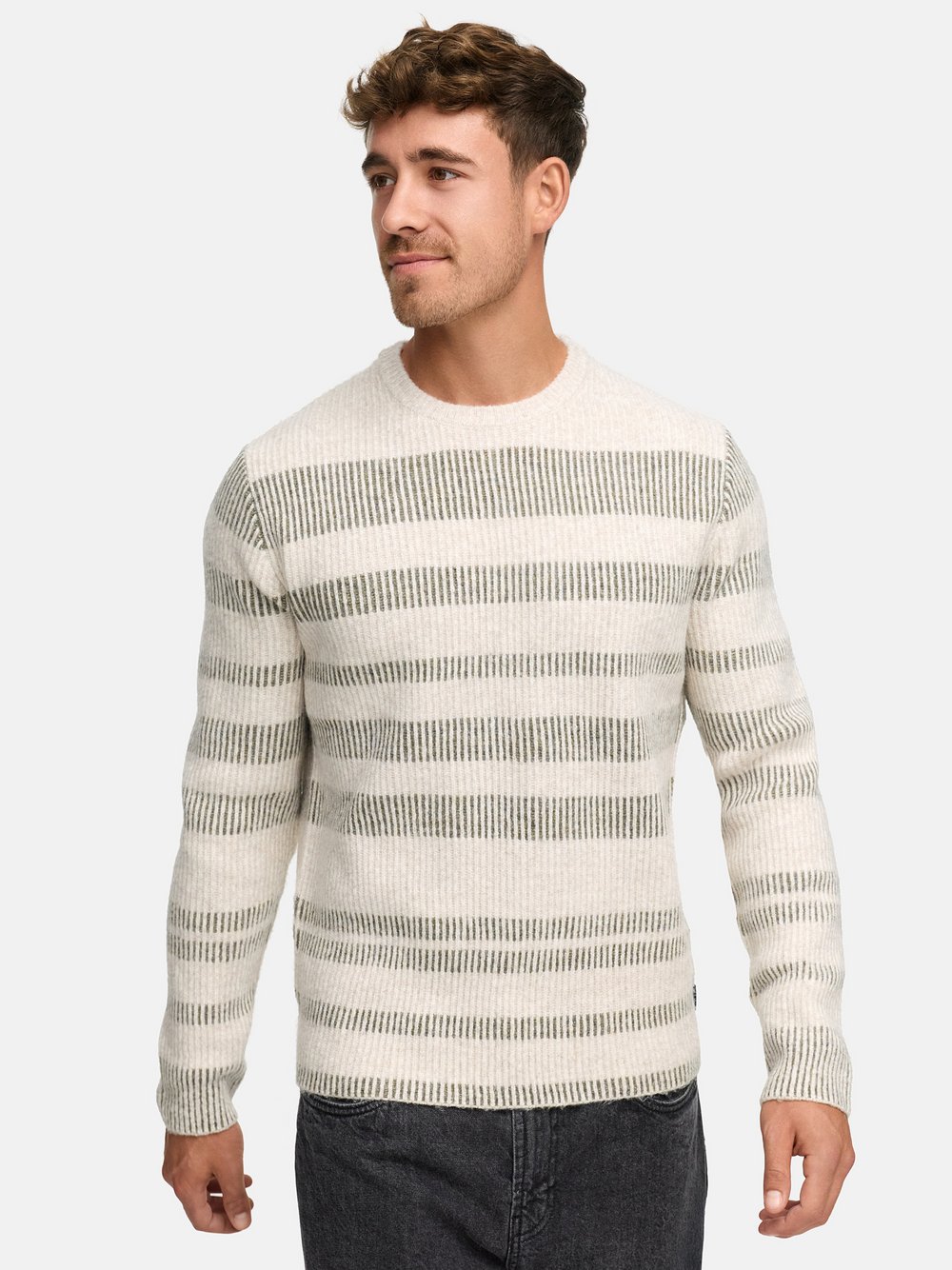 Indicode Strickpullover Herren Feinstrick beige bedruckt, S