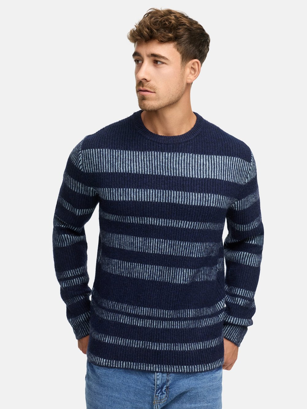 Thumbnail - Indicode Strickpullover Herren Feinstrick blau bedruckt, L