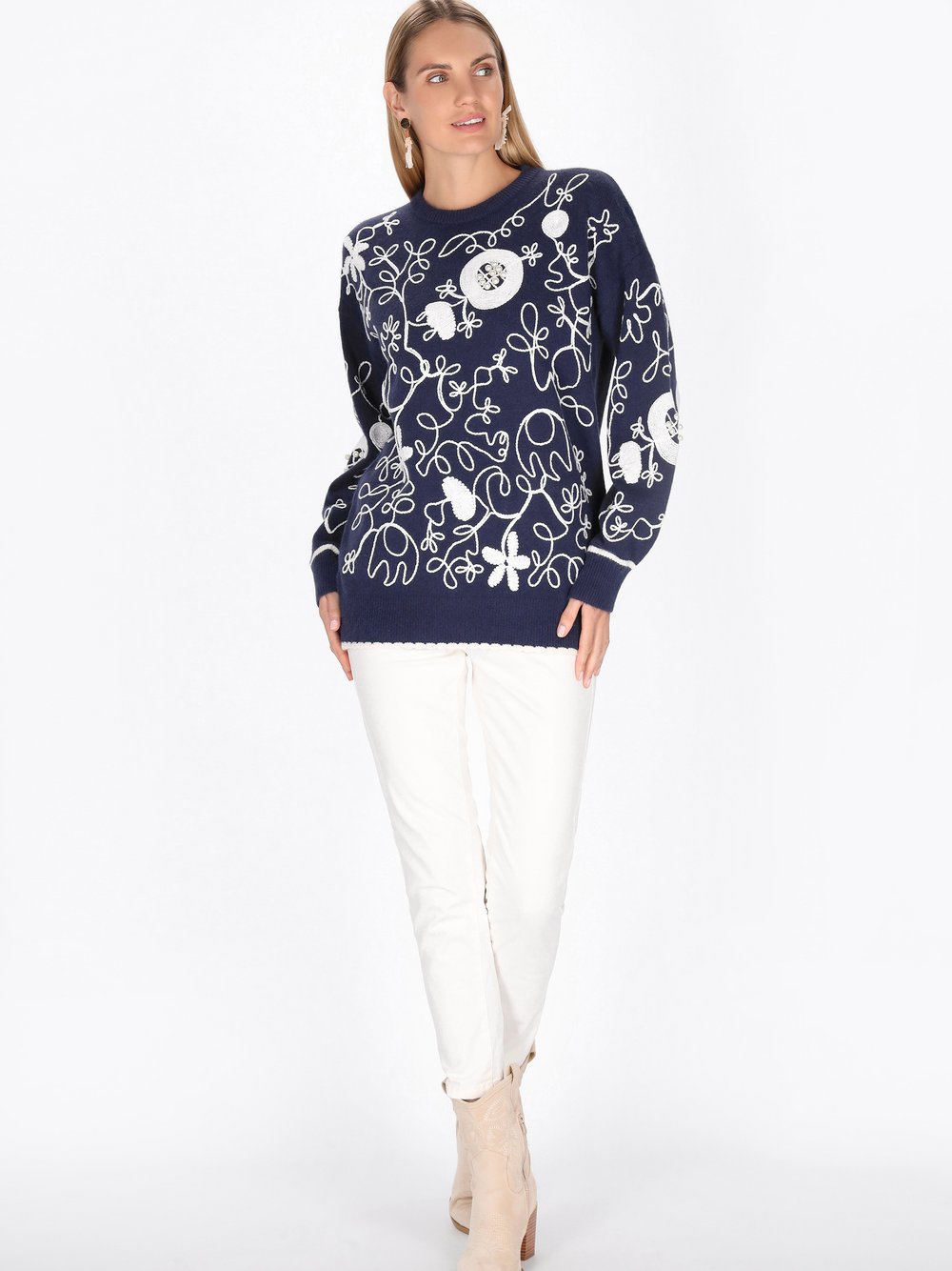 Usha Pullover Damen blau gemustert, M/L