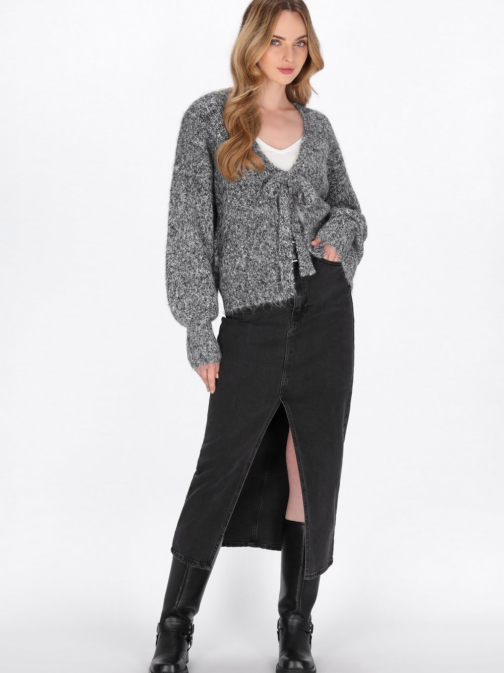 Dreimaster Strickjacke Damen grau meliert, M/L