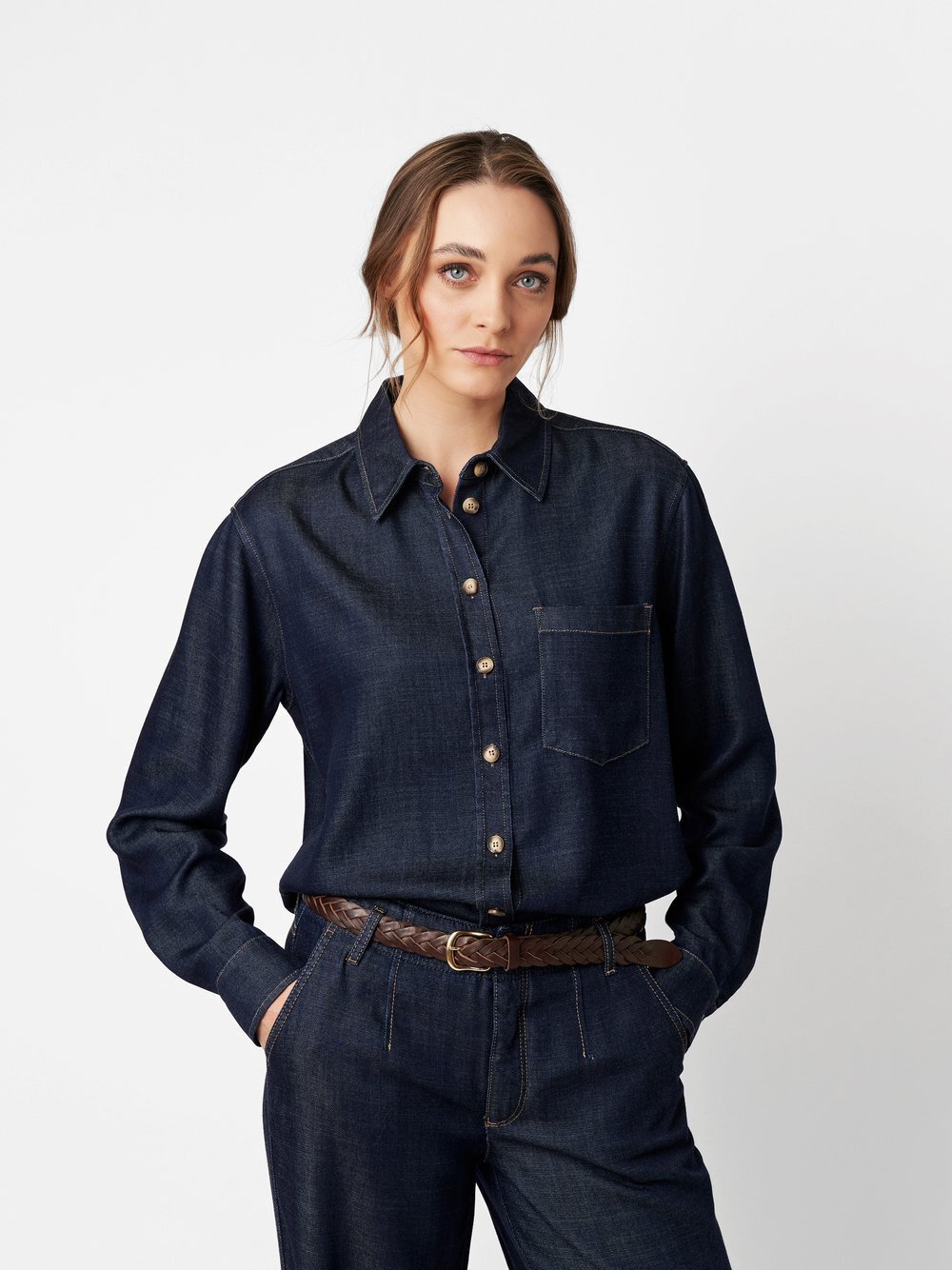 Thumbnail - TONI Bluse Damen Baumwolle blau gemustert, 38