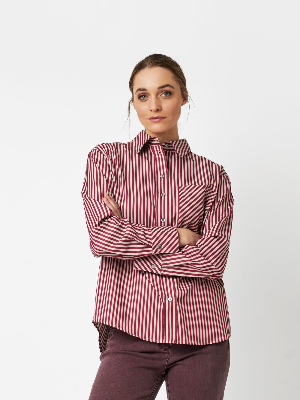 Thumbnail - TONI Bluse Damen Baumwolle rot gestreift, 46