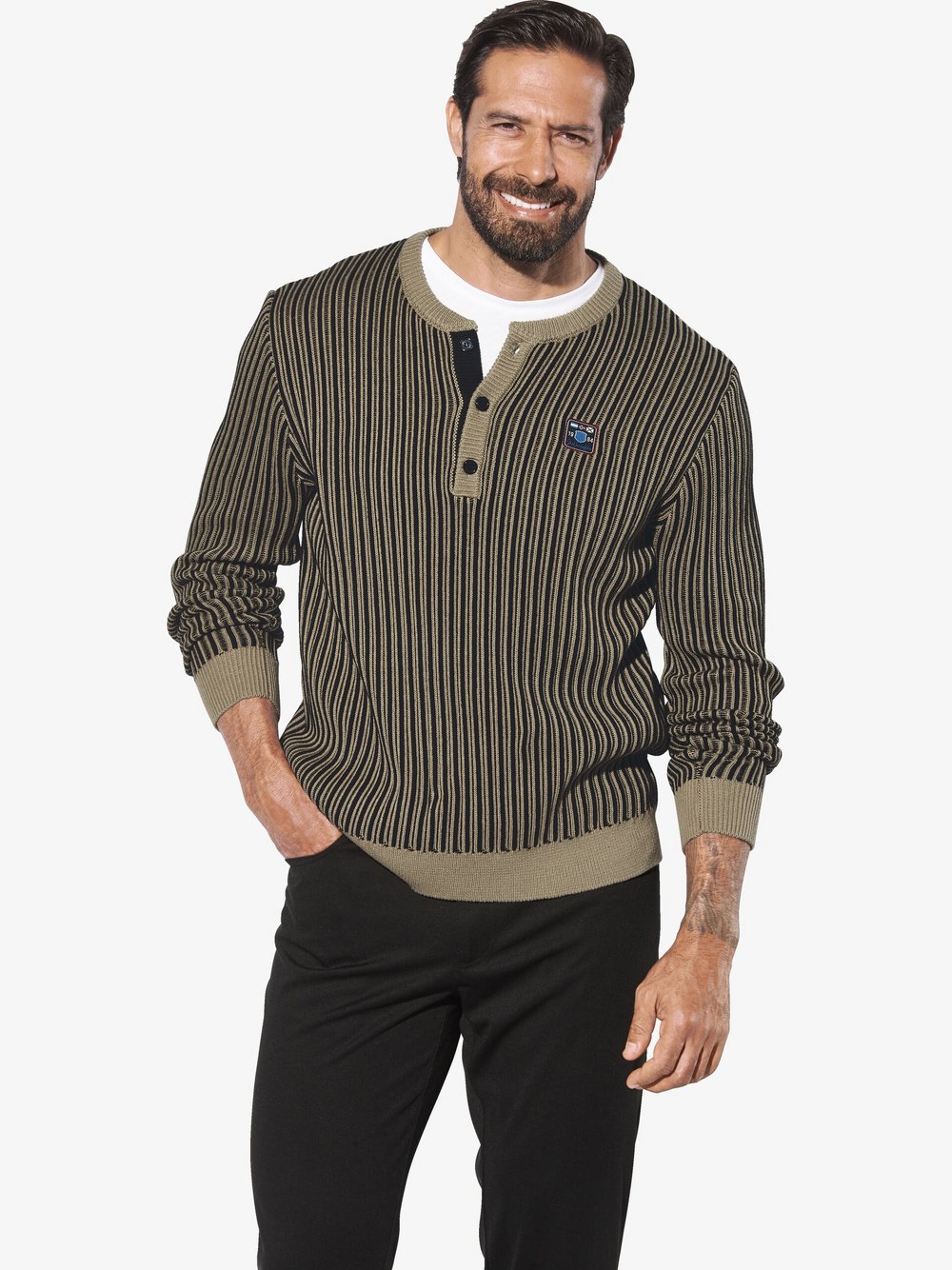 Thumbnail - Jan Vanderstorm Pullover Herren Baumwolle schwarz gestreift, L